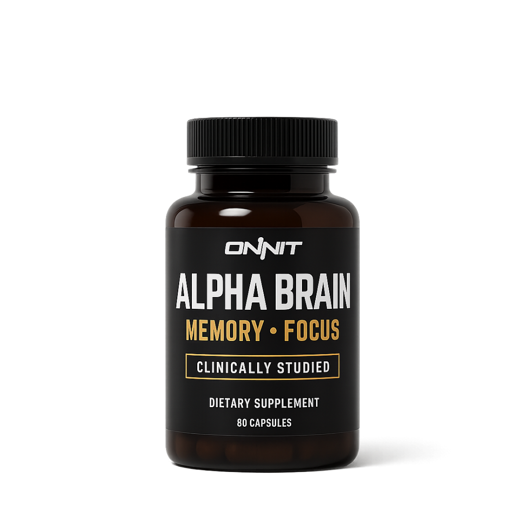 Onnit Alpha Brain amber supplement bottle with black and gold label rendered in editorial detail