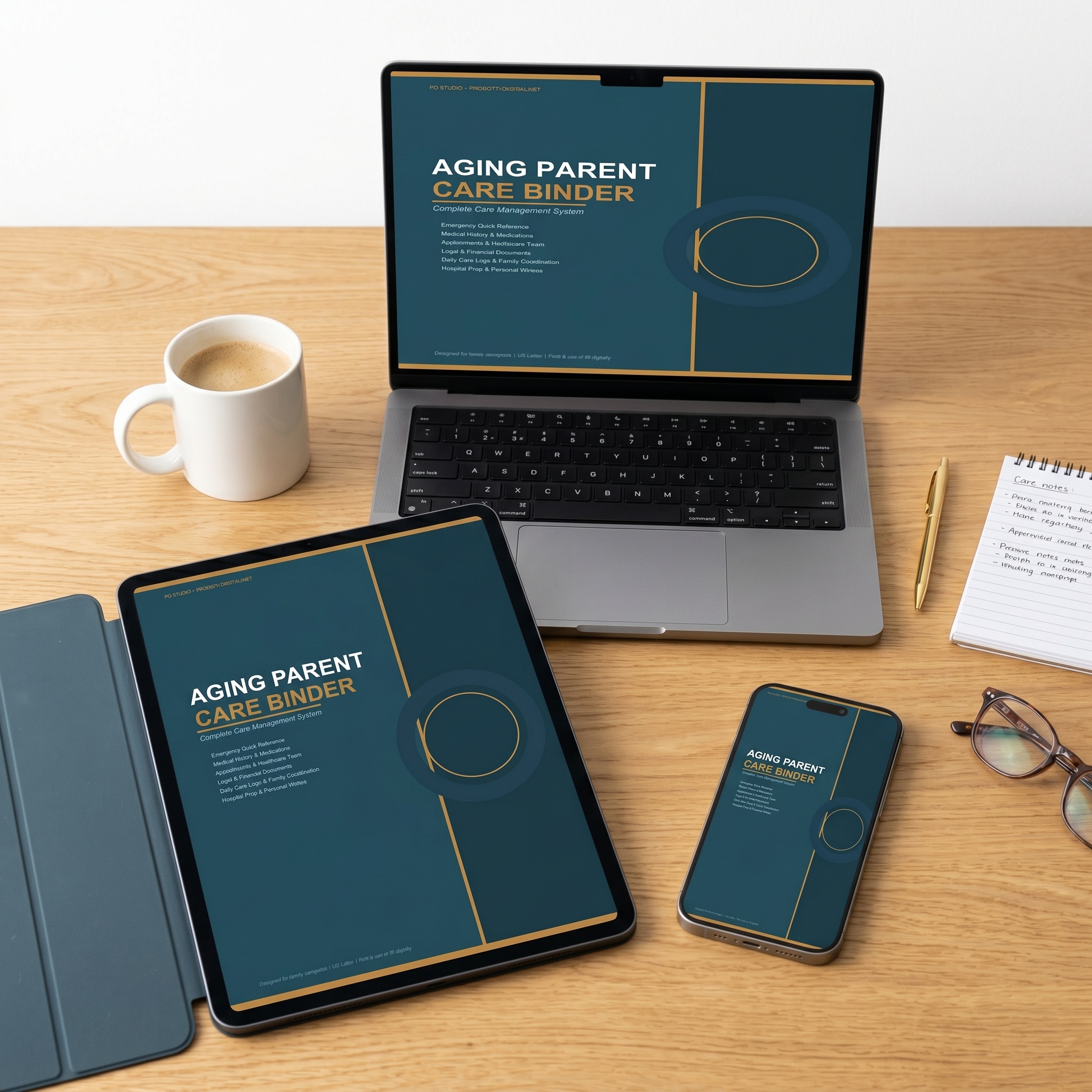 Aging Parent Care Binder displayed on laptop, tablet, and smartphone showing responsive design