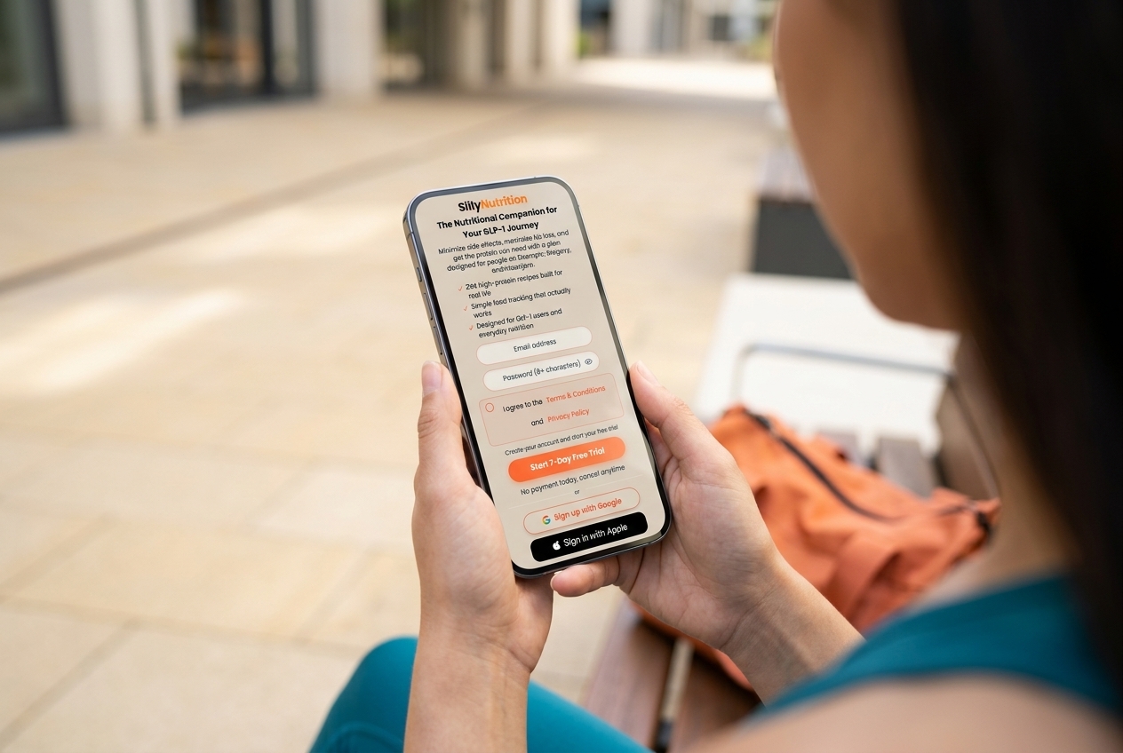 A woman holding her phone while reading the 7 day free trial screen