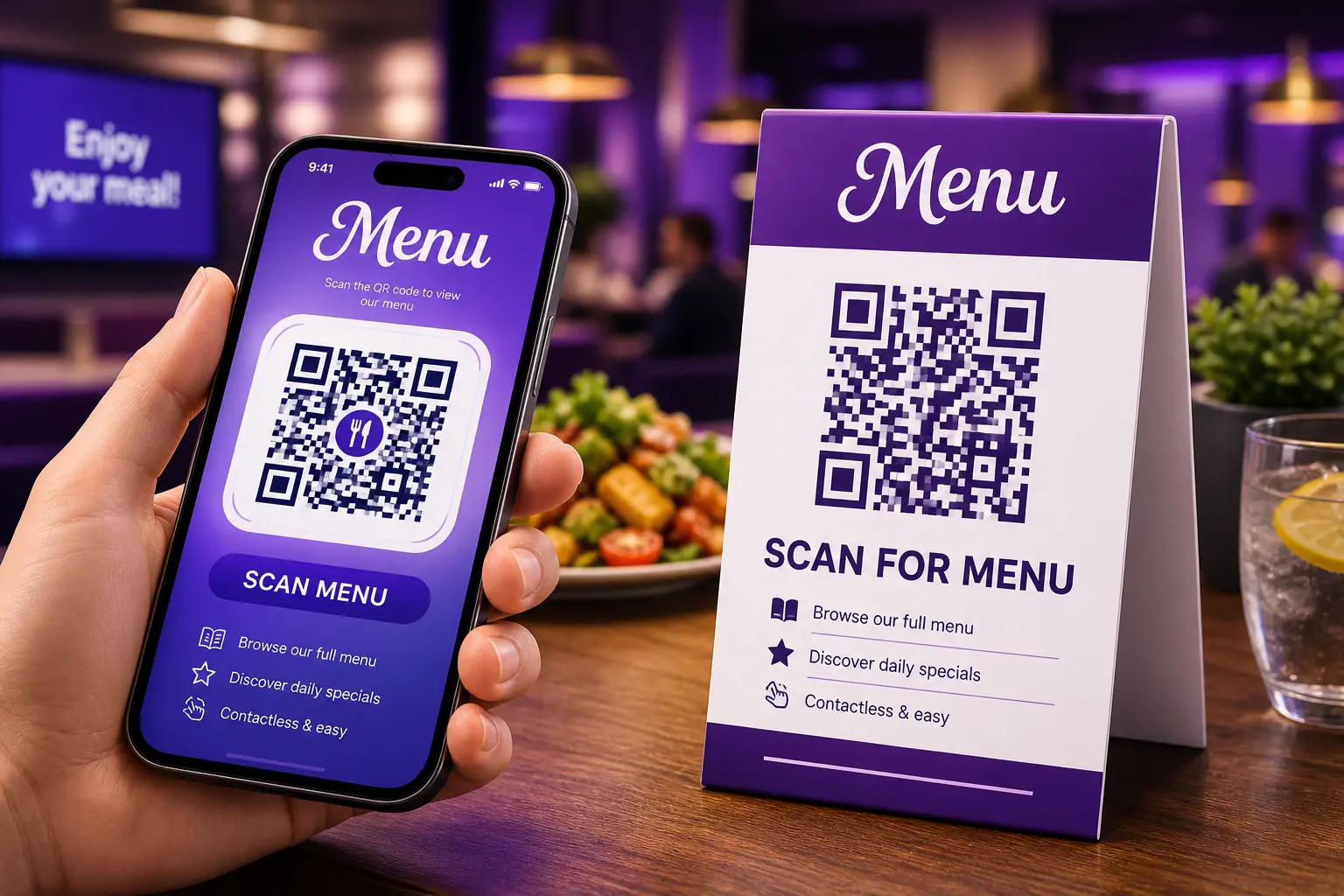Client scannant avec son smartphone le QR code d'un chevalet de table pour consulter le menu digital d'un restaurant