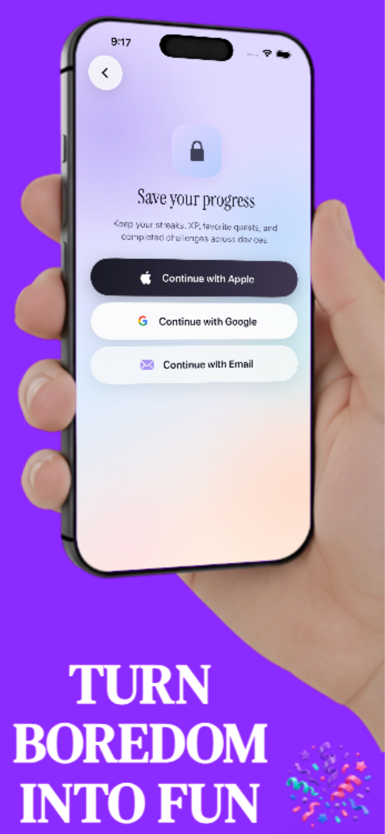 BoreNoMore app sign in screen