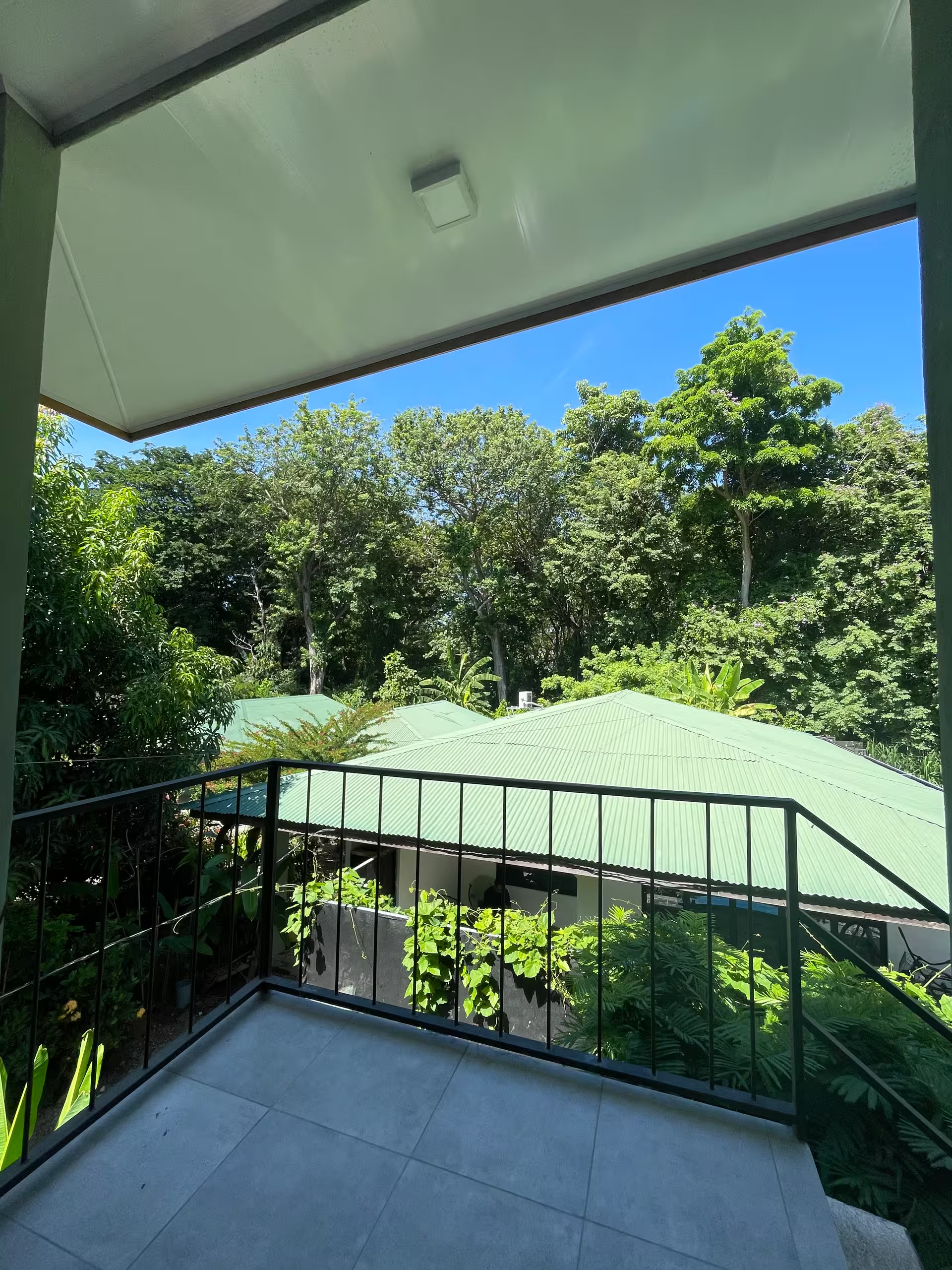 Balcony terrace with elevated view of trees, blue sky, and iron railing