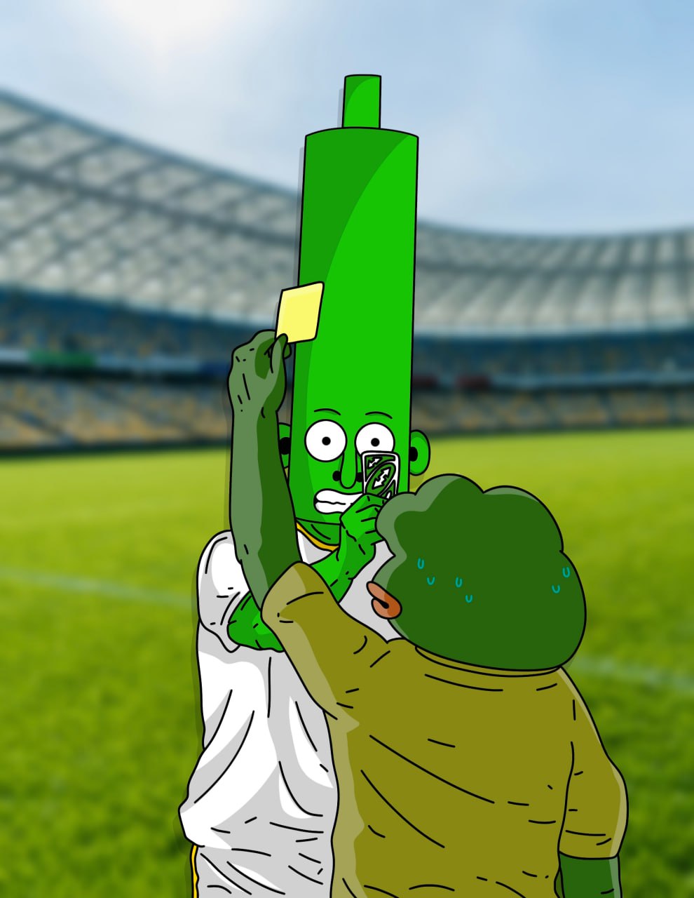 Fred playing cards with Pepe characters at a stadium