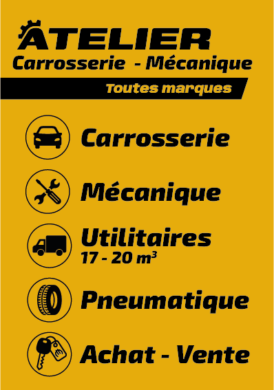 Panneau des services BK Garage 95 : carrosserie, mécanique, utilitaires, pneumatique, achat-vente