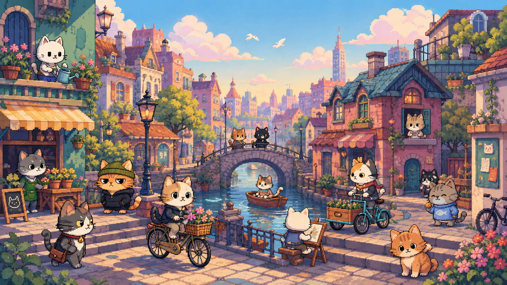Cats biking, painting, and rowing along a canal in Catopia's Old Town
