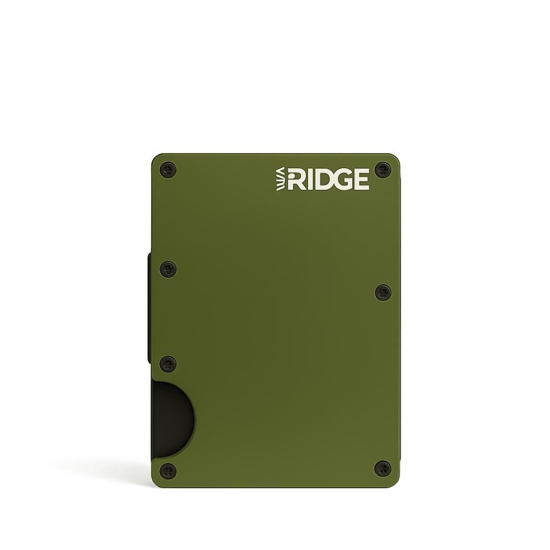 Ridge wallet in olive aluminum with engraved logo rendered with directional rim light