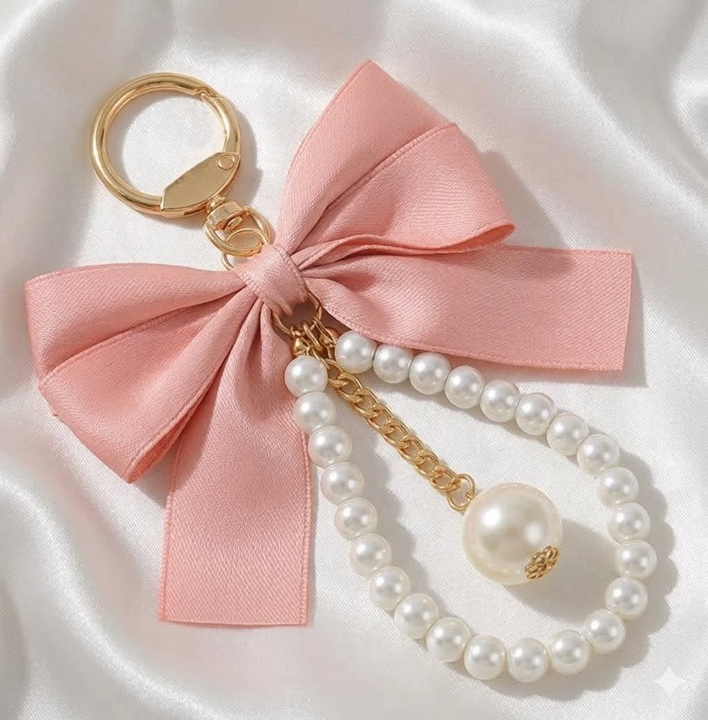 Pink Silk Bow Keychain with Pearl Beads