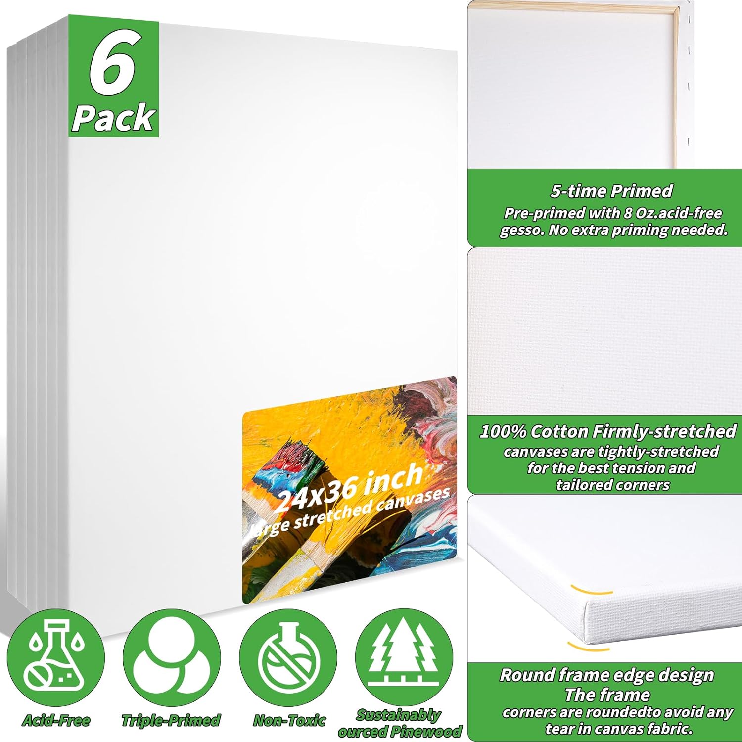 6 Pack Stretched Canvases for Painting 24x36 100% Cotton Large Canvas