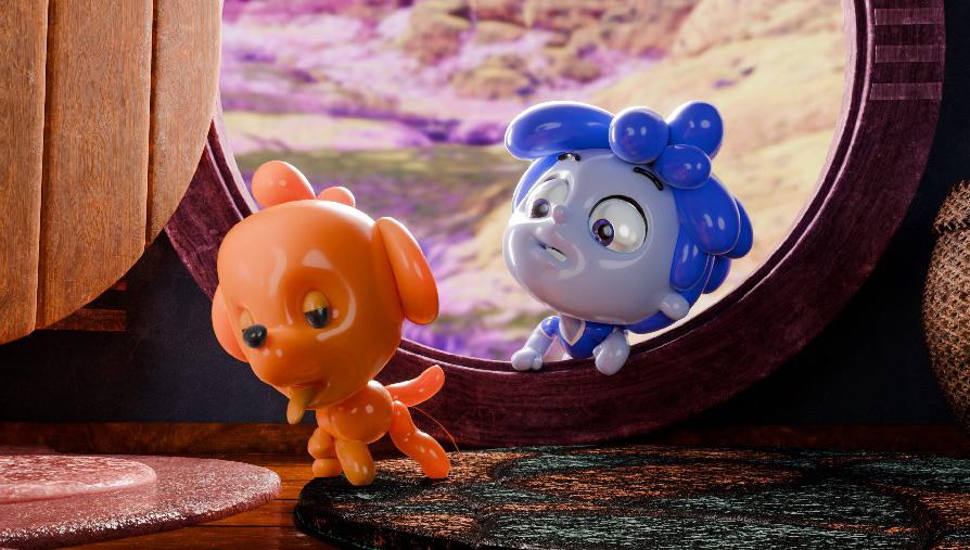 Orange and blue Balloonites characters peeking through a window
