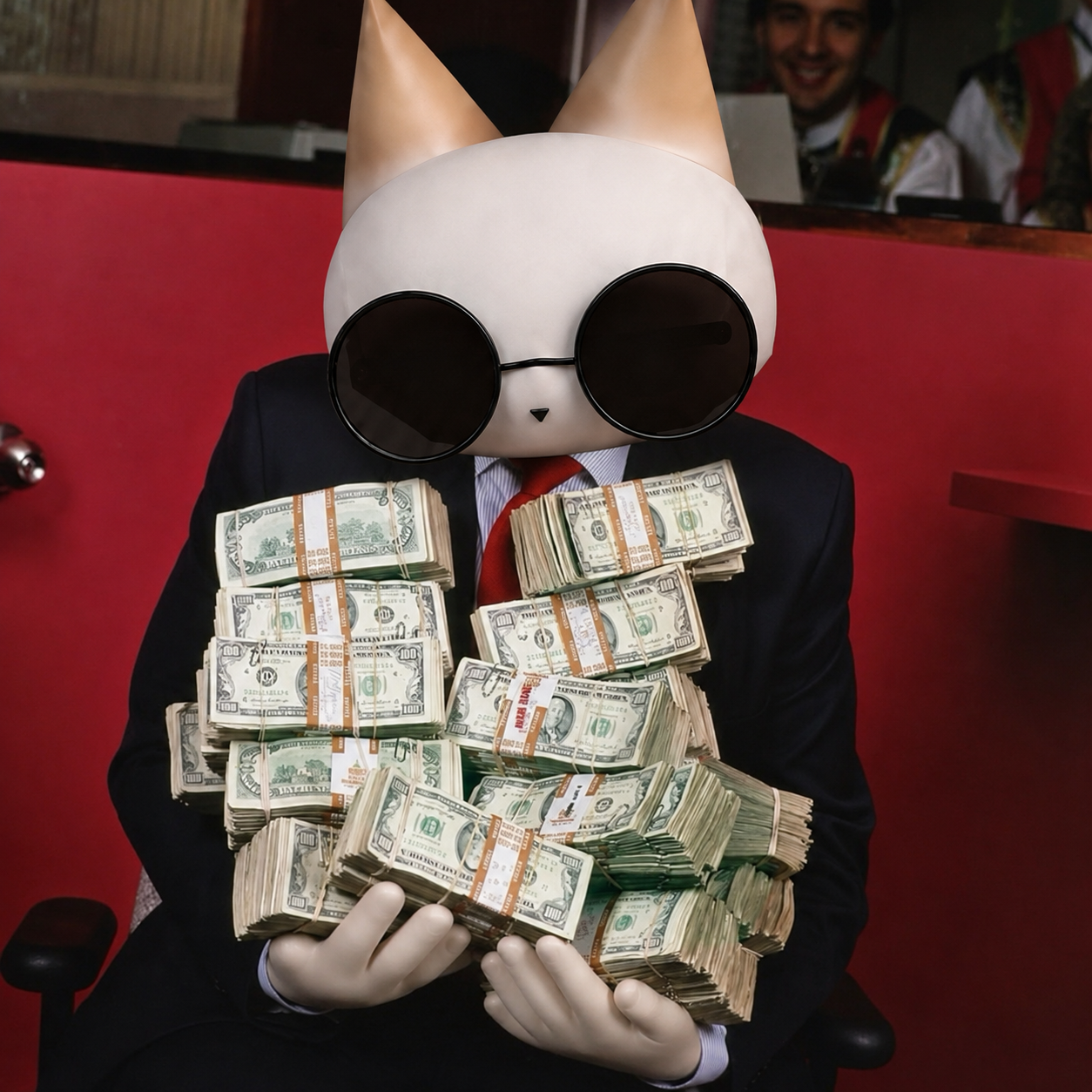 Wisker holding stacks of bundled $100 bills.