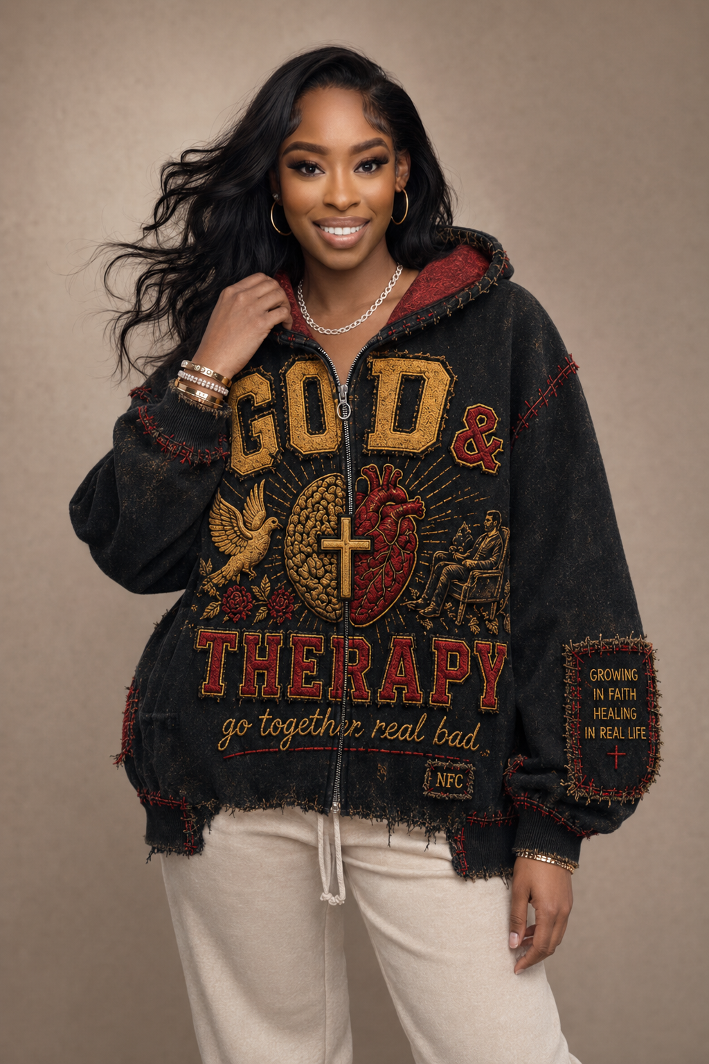 NFC Couture Hoodie with God & Therapy embroidery