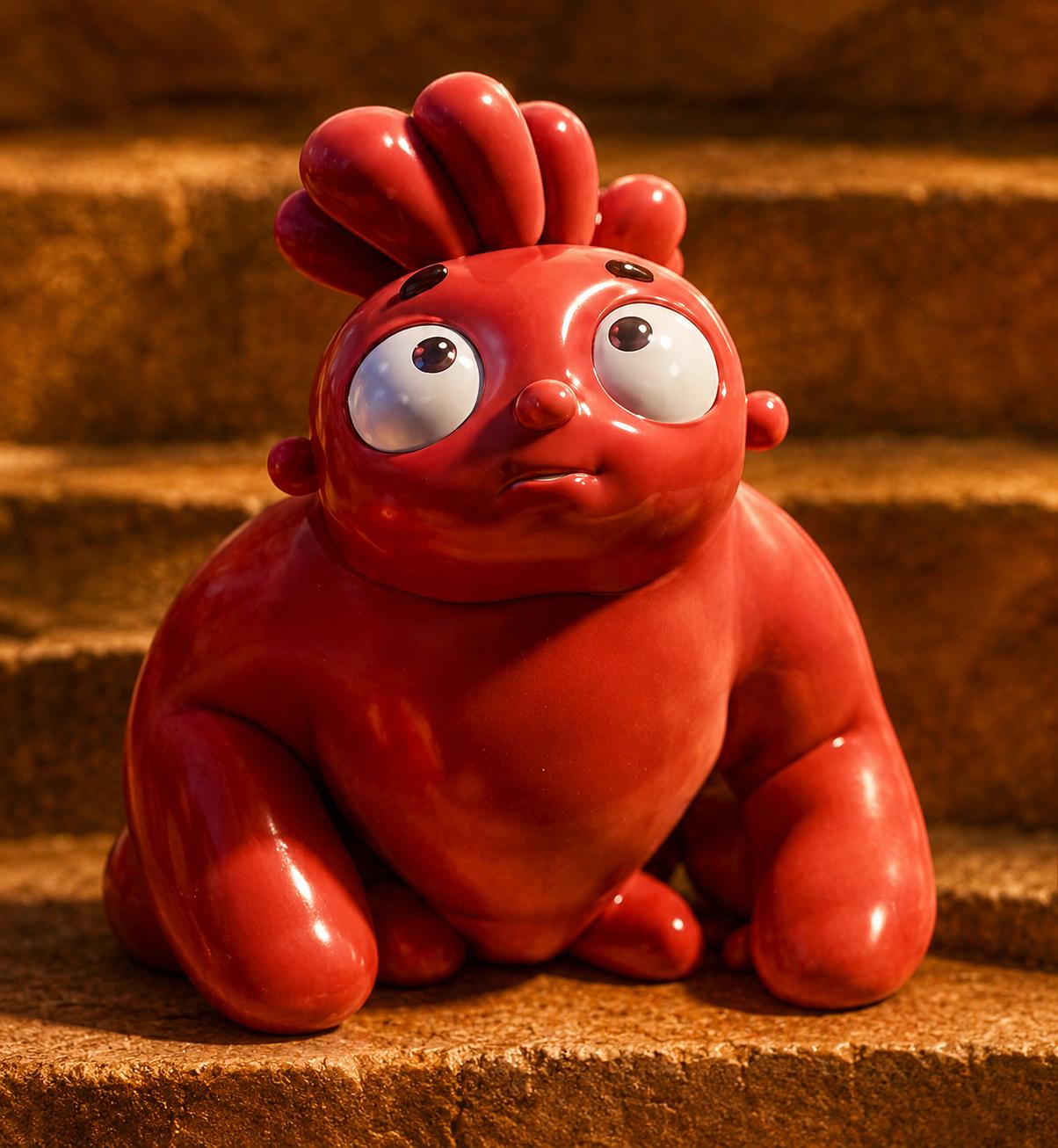 A large red Balloonites character with a worried expression