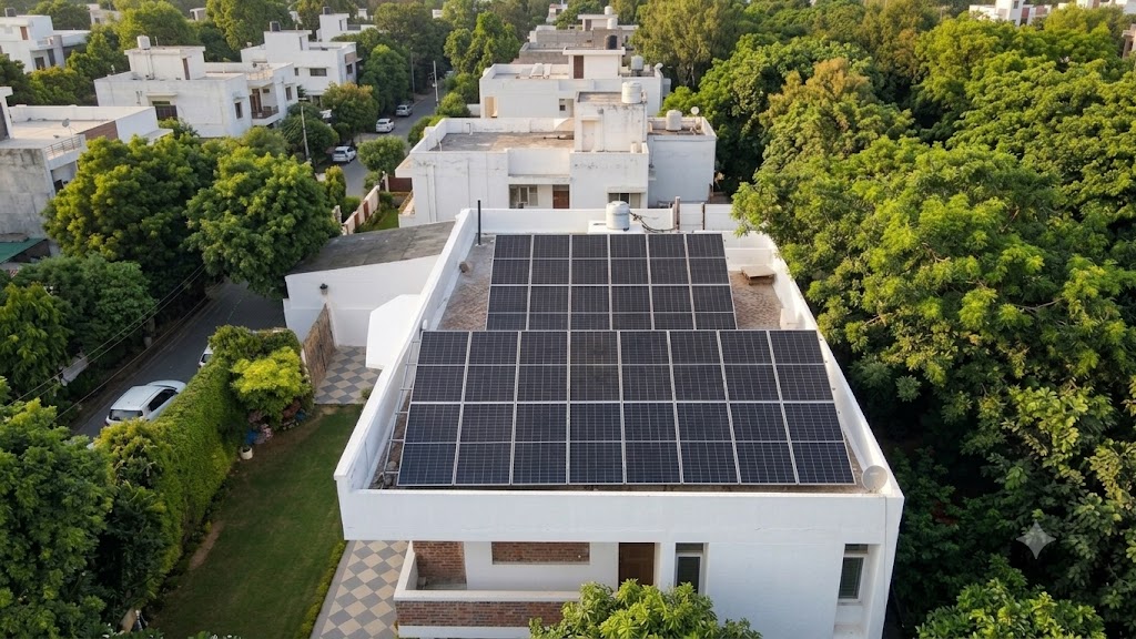 Aerial view of a modern white home surrounded by trees with a dense rooftop solar array, a real Solarise residential installation