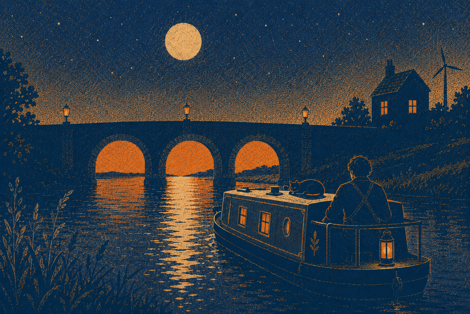 A moonlit canal boat beneath a stone bridge