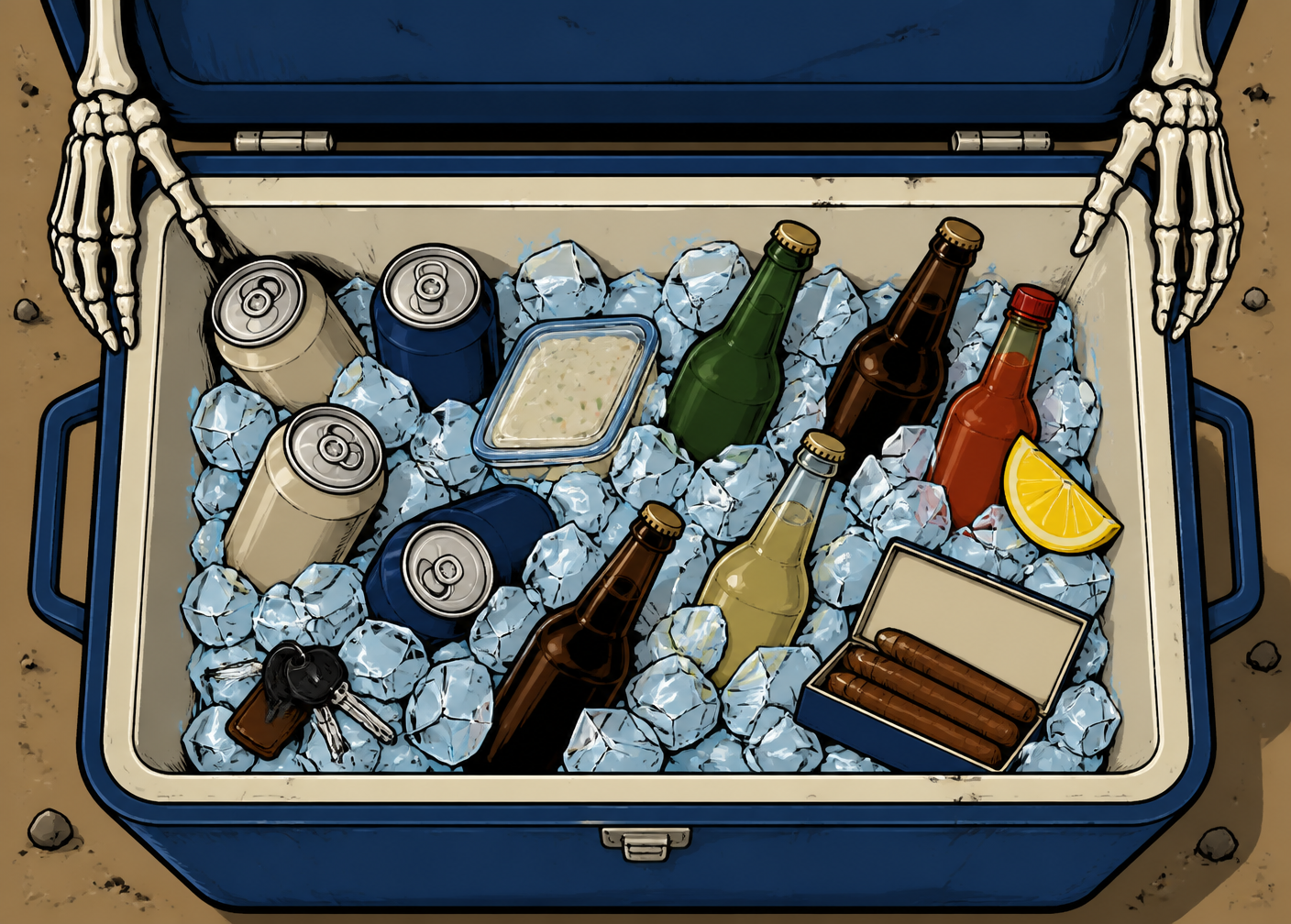Skeleton hands opening a cooler full of drinks