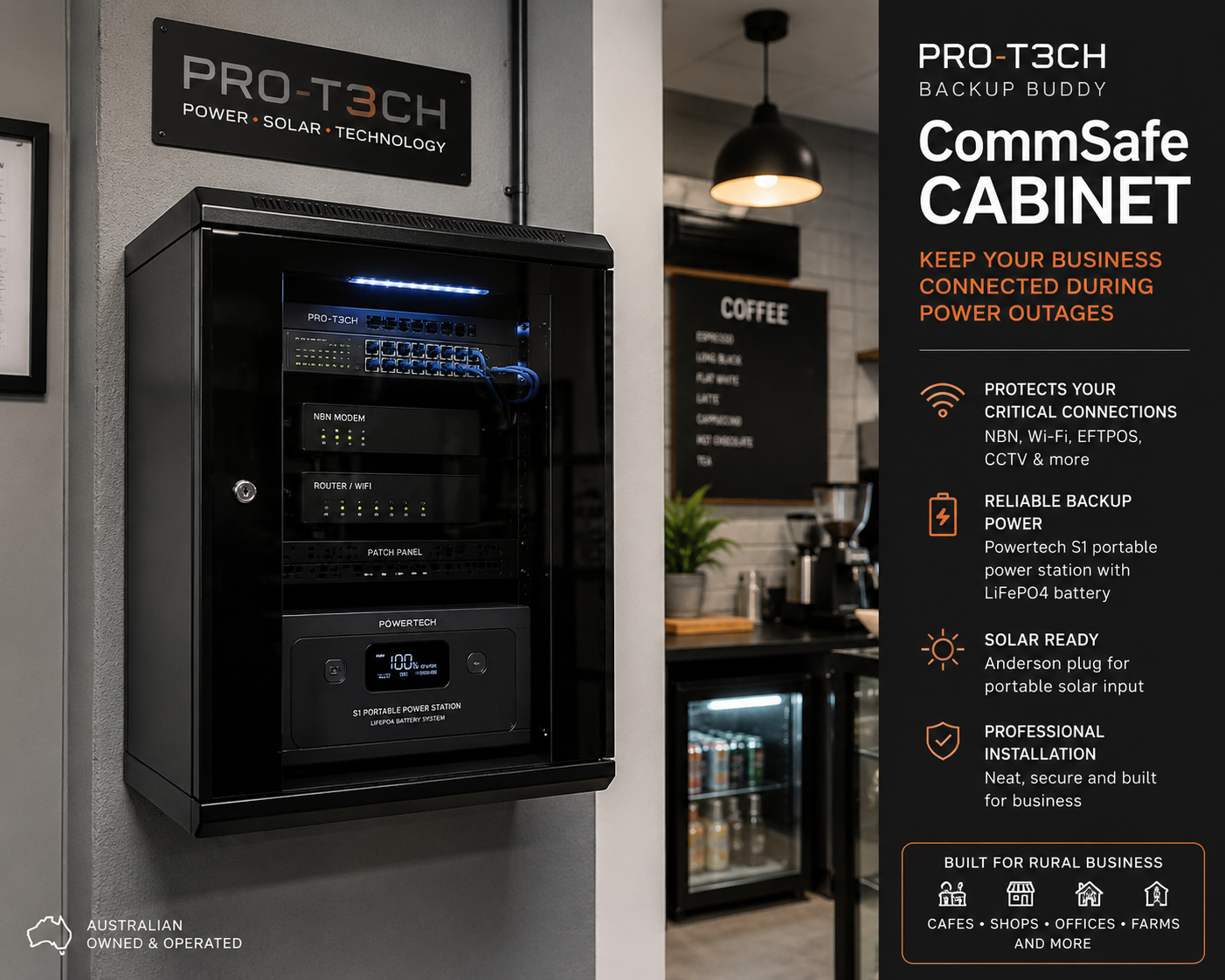 PRO-T3CH CommSafe Cabinet — wall-mounted comms rack with Powertech S1 LiFePO4 battery