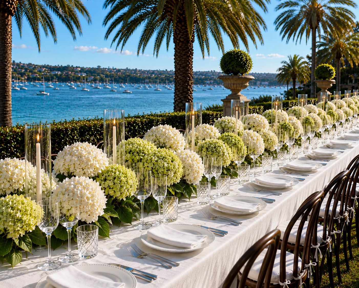 Elegant outdoor long-table setting with abundant white and green hydrangea centerpieces, tall taper candles in glass, crystal stemware and white linens overlooking Sydney Harbour with palm trees
