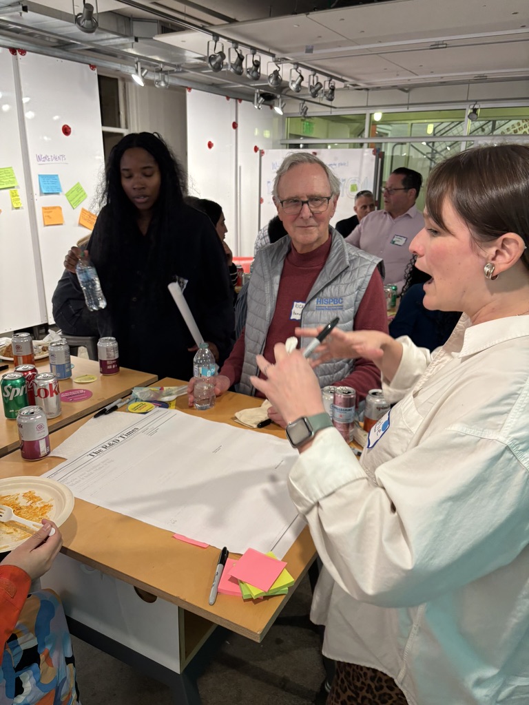Participants collaborating over The R&D Times template with sticky notes