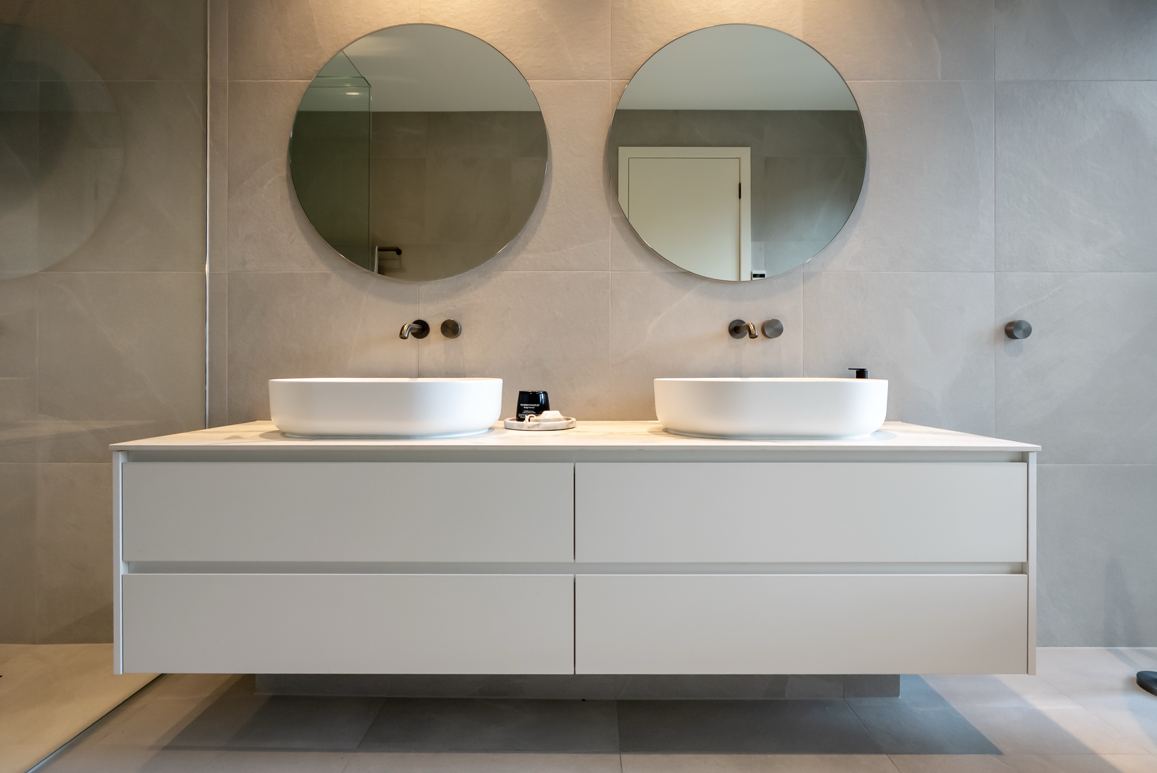 Double bathroom vanity with white drawers