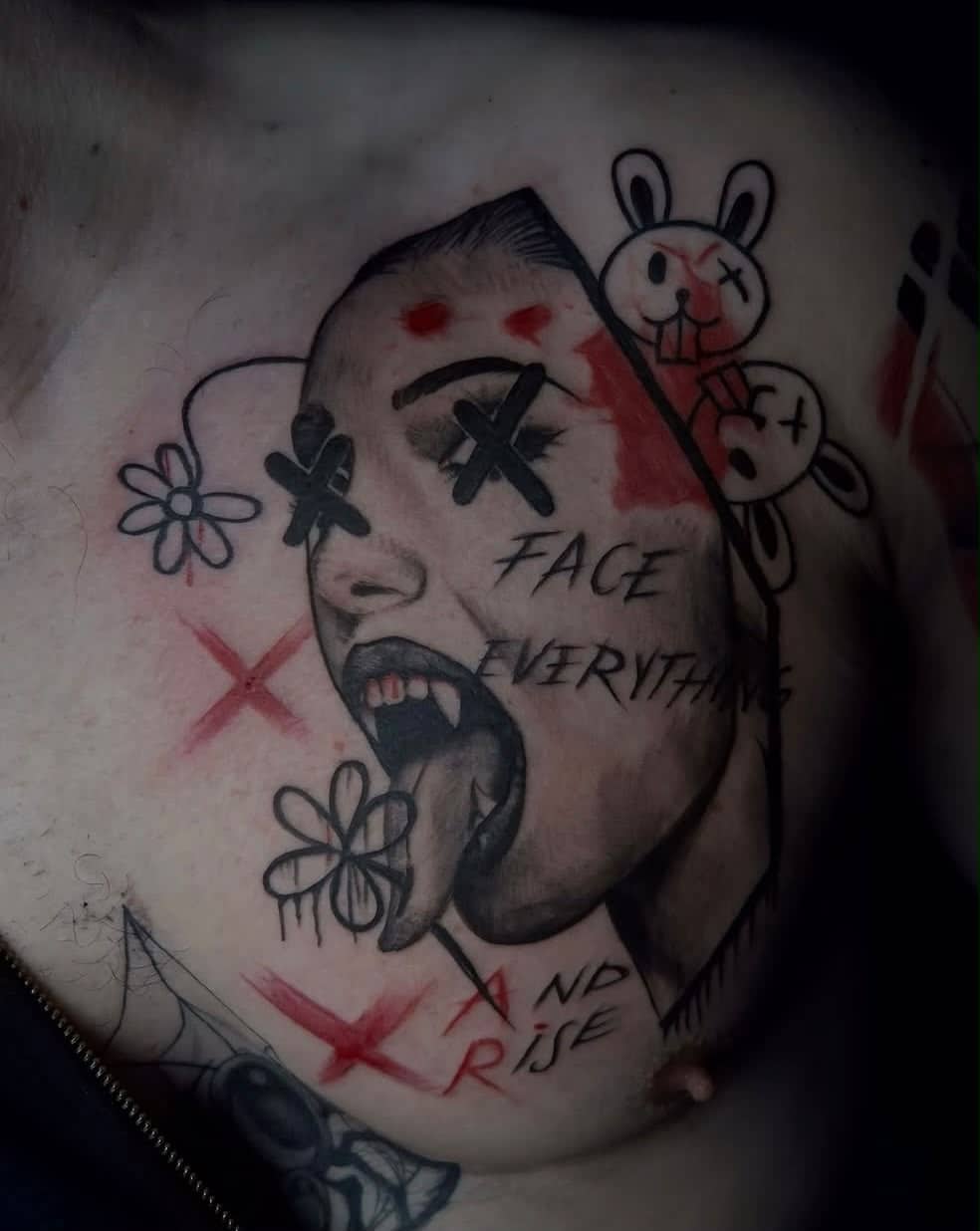 Trash Polka Gesicht mit X-Augen, Blumen und Haeschen, rote schwarze Splatter-Effekte