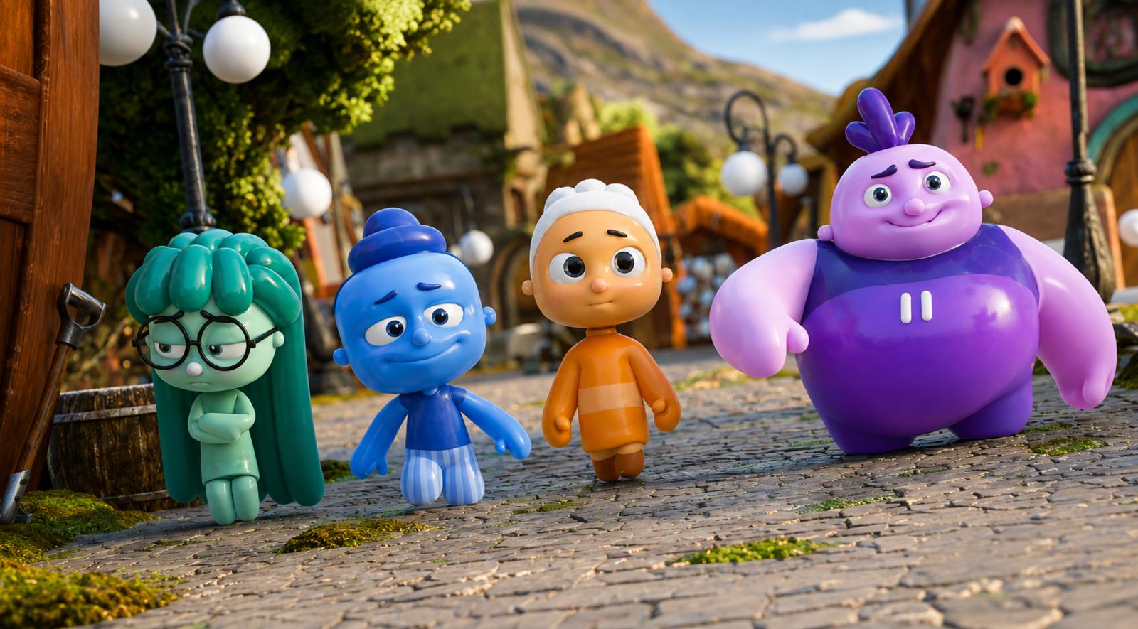 Four Balloonites characters exploring a village street