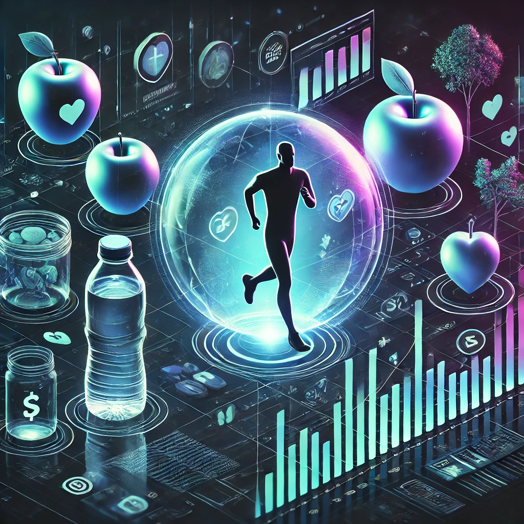 Futuristic health tracking interface showing a runner, nutrition tracking with apples, and detailed fitness analytics with neon charts