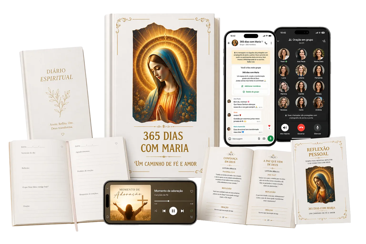 Kit completo 365 Dias com Maria — livro devocional, diário espiritual, cards de reflexão, grupo de oração e player de adoração