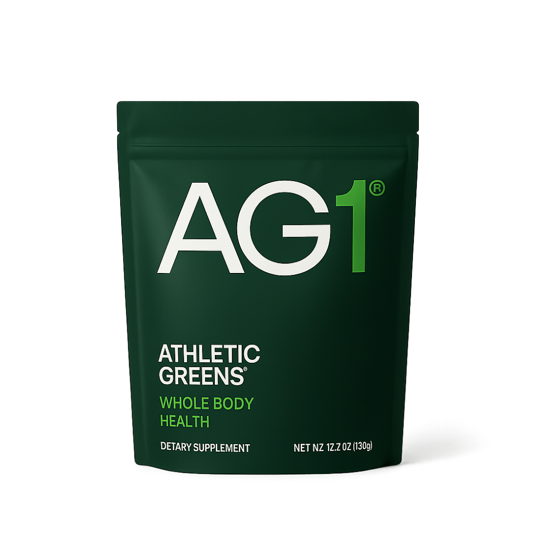 AG1 Athletic Greens deep-green supplement pouch rendered on a clean studio plate