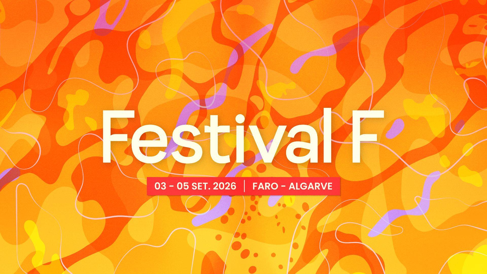 Festival F 2026 poster with orange abstract artwork, 3 to 5 September in Faro, Algarve