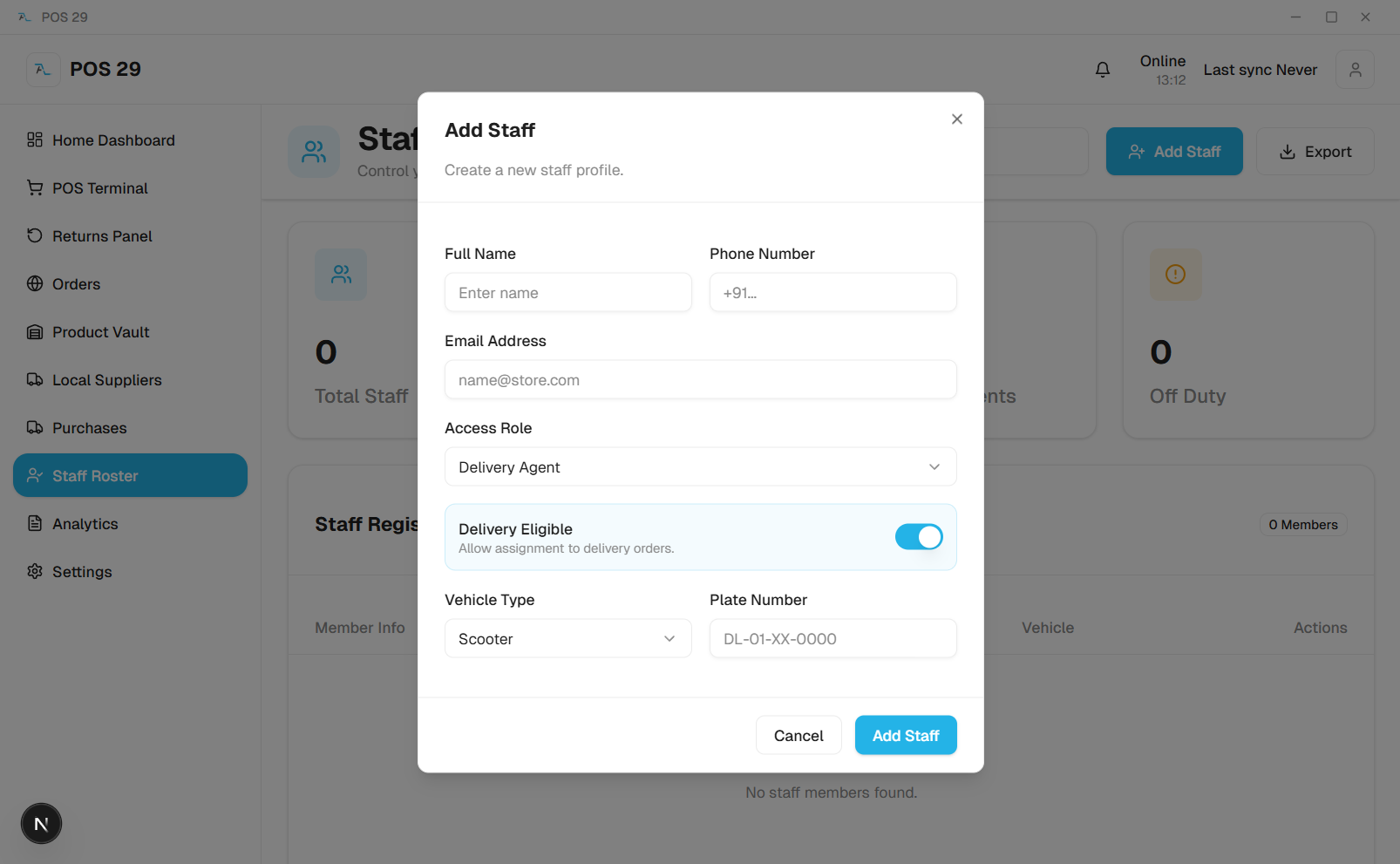 Add Staff modal showing role selection, delivery eligibility toggle and vehicle details for staff management