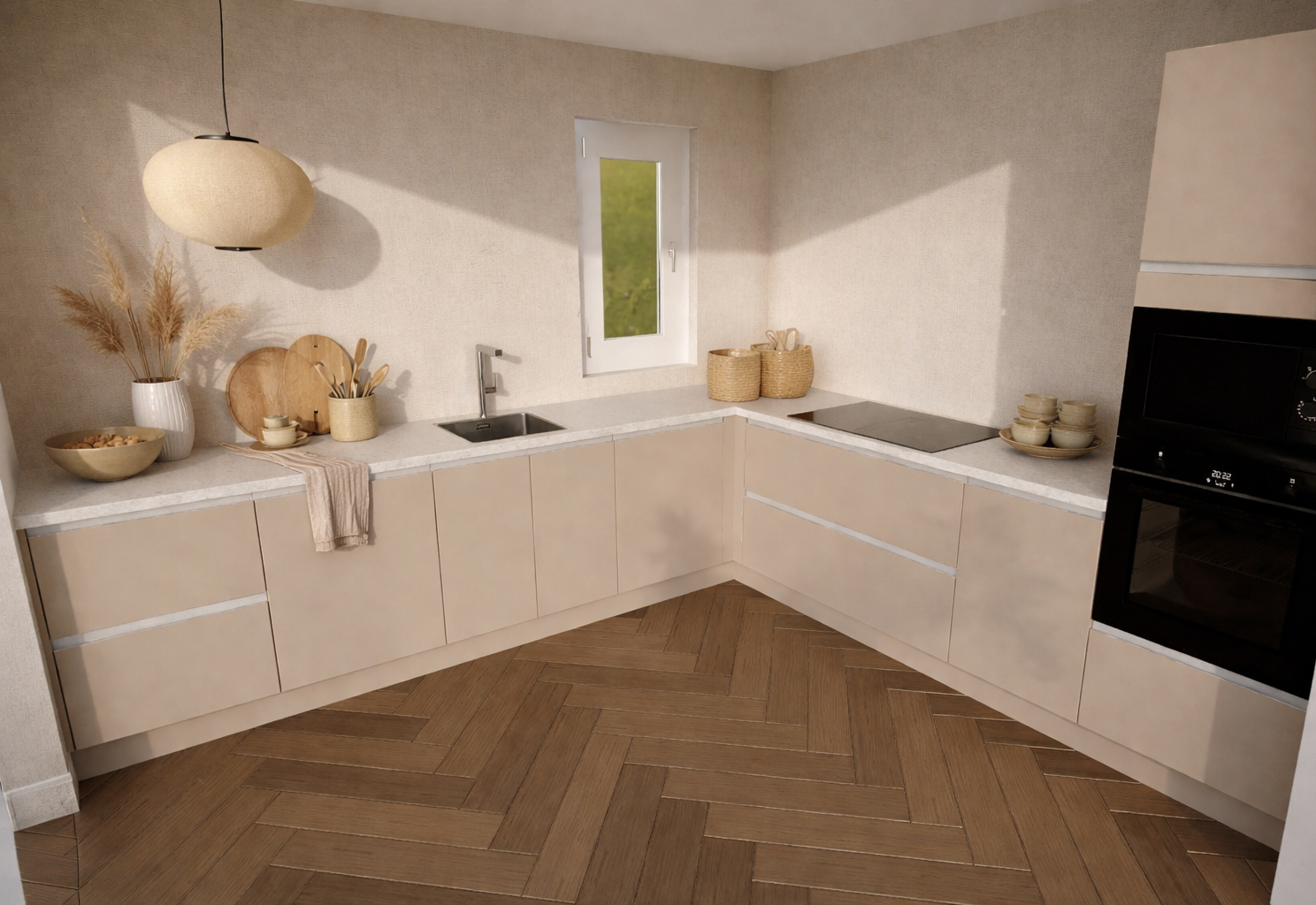 Crème hoek keuken met jutenvloerkleed en raamzicht