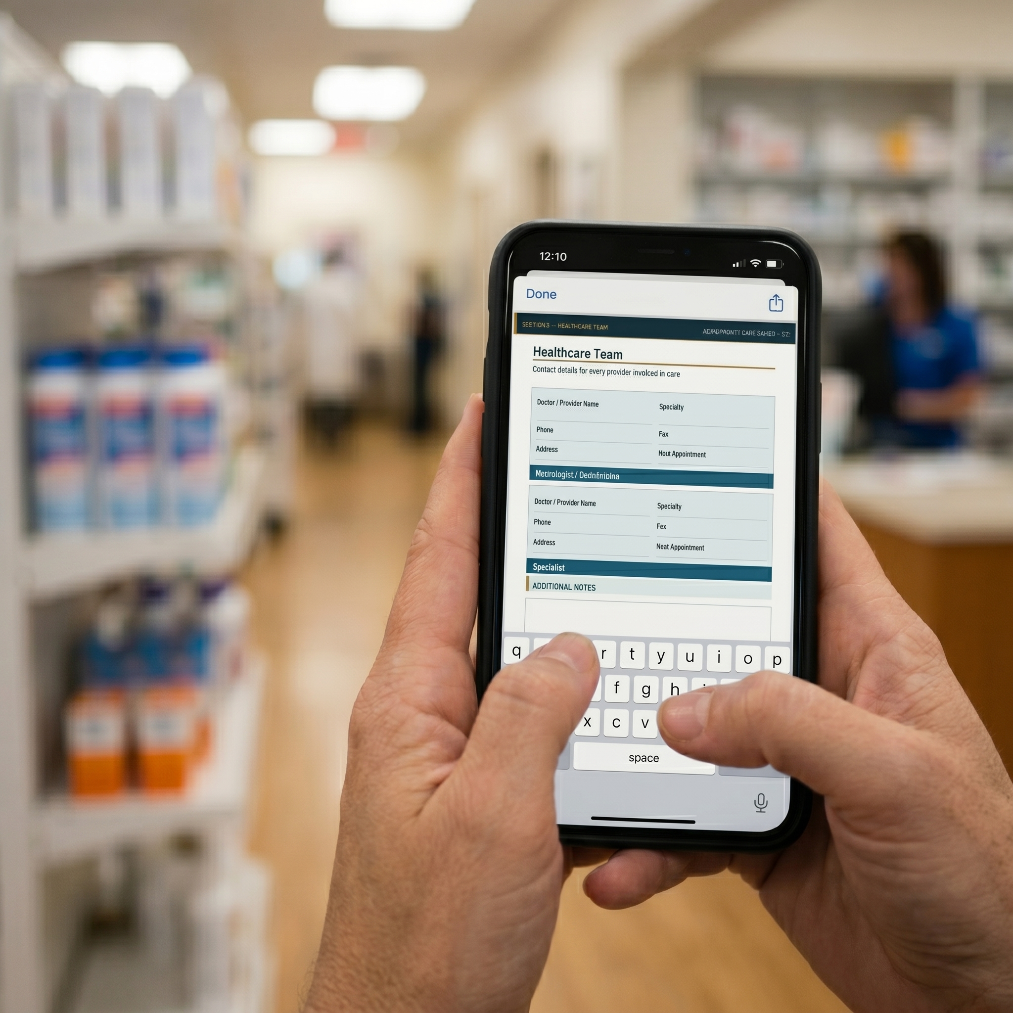 Hand holding phone in pharmacy showing Healthcare Team form from the care binder