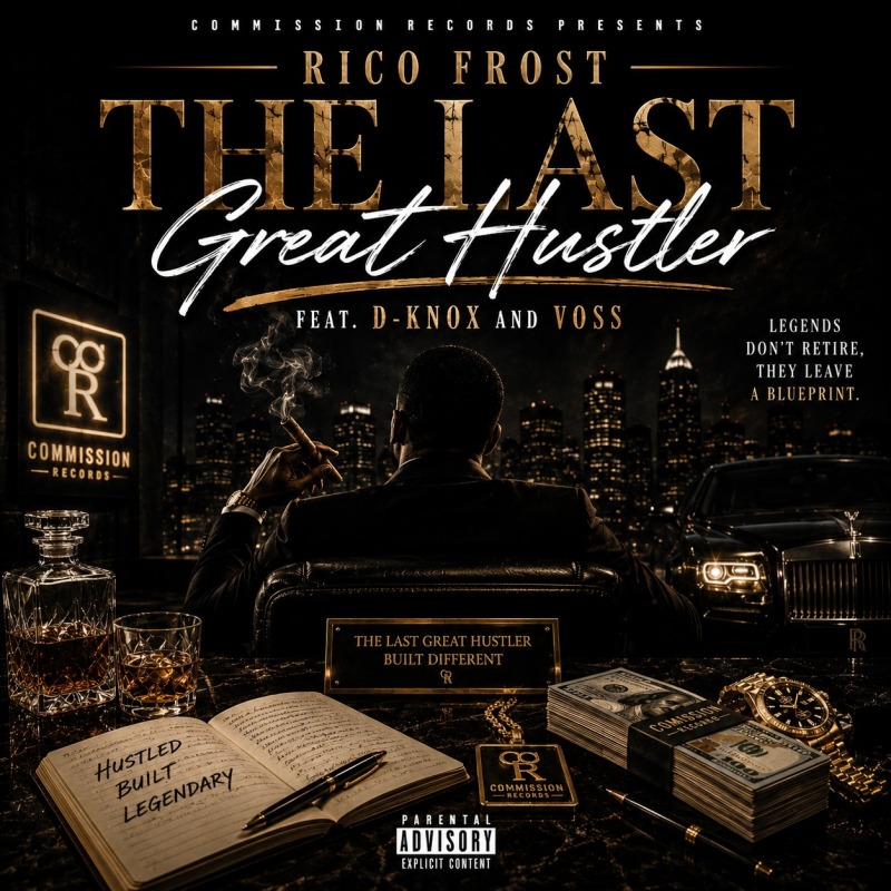 The Last Great Hustler single cover by Rico Frost featuring D-Knox and Voss on Commission Records in black and gold, a man in a suit smoking a cigar in a leather chair overlooking a nighttime city skyline with a black Rolls-Royce, a whiskey decanter, an open journal reading Hustled Built Legendary, stacks of cash, a gold watch, and the CR Commission Records chain, with the tagline Legends don't retire they leave a blueprint