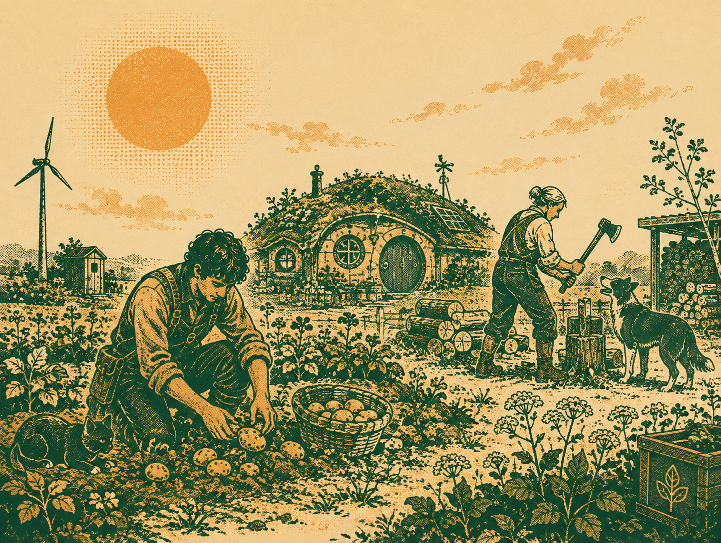 A regenerative garden with workers, a cottage, and wind turbines