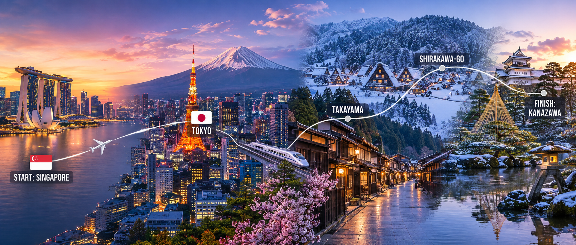 Illustrated journey route from Singapore through Tokyo, Takayama and Shirakawa-go to Kanazawa