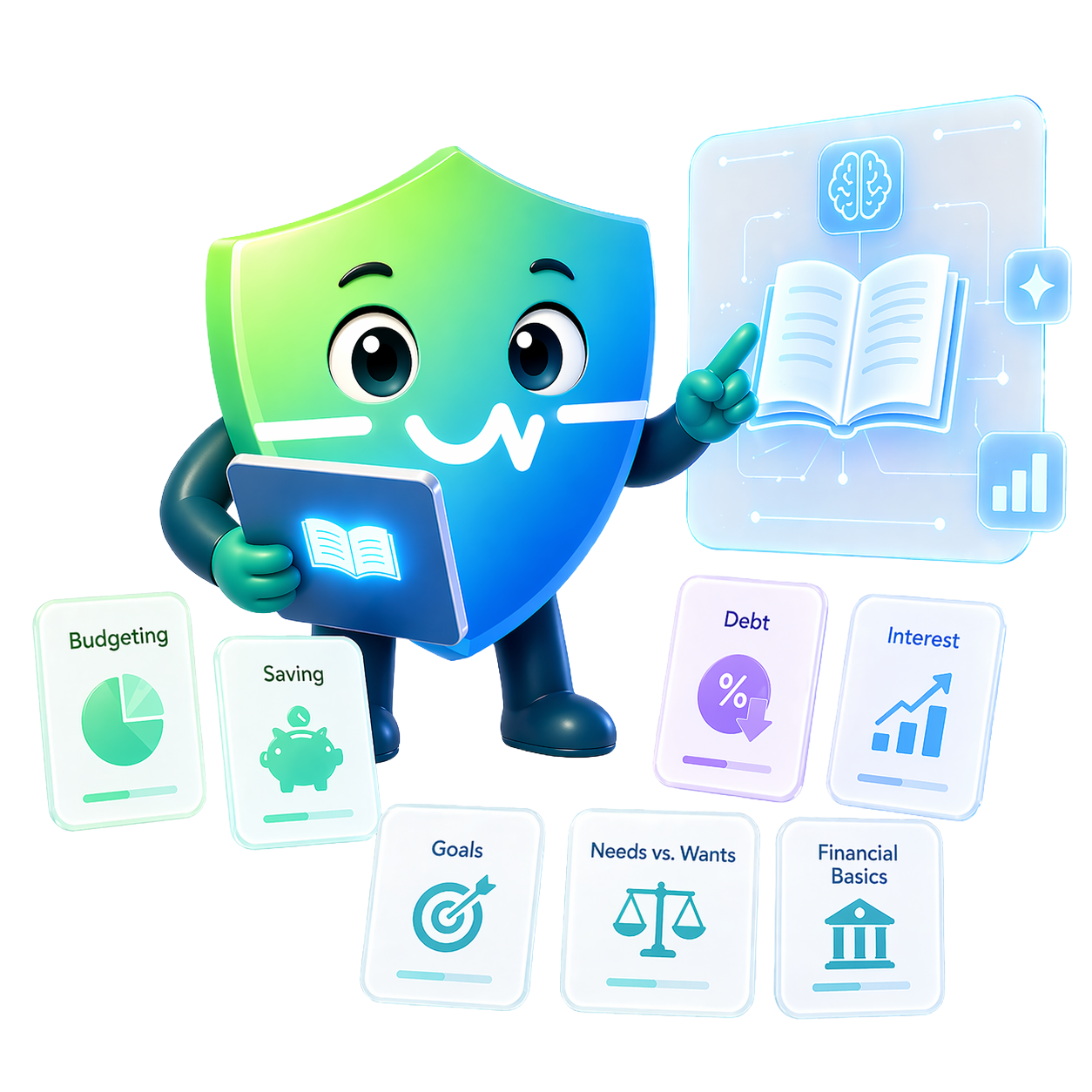Mint mascot as Financial Literacy AI with educational topic cards