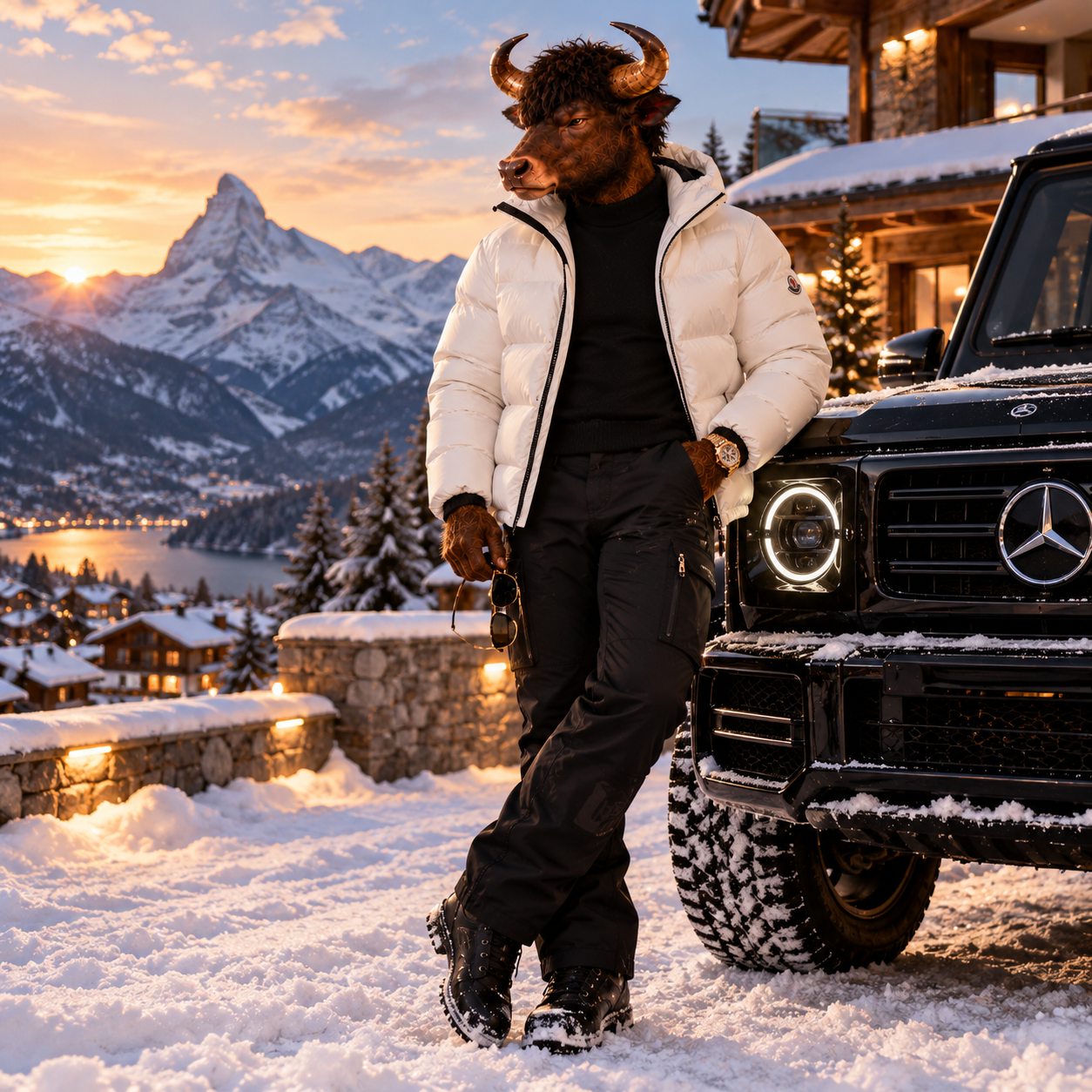 BULLCHI in a white winter jacket beside a Mercedes G-Class at a snowy alpine chalet