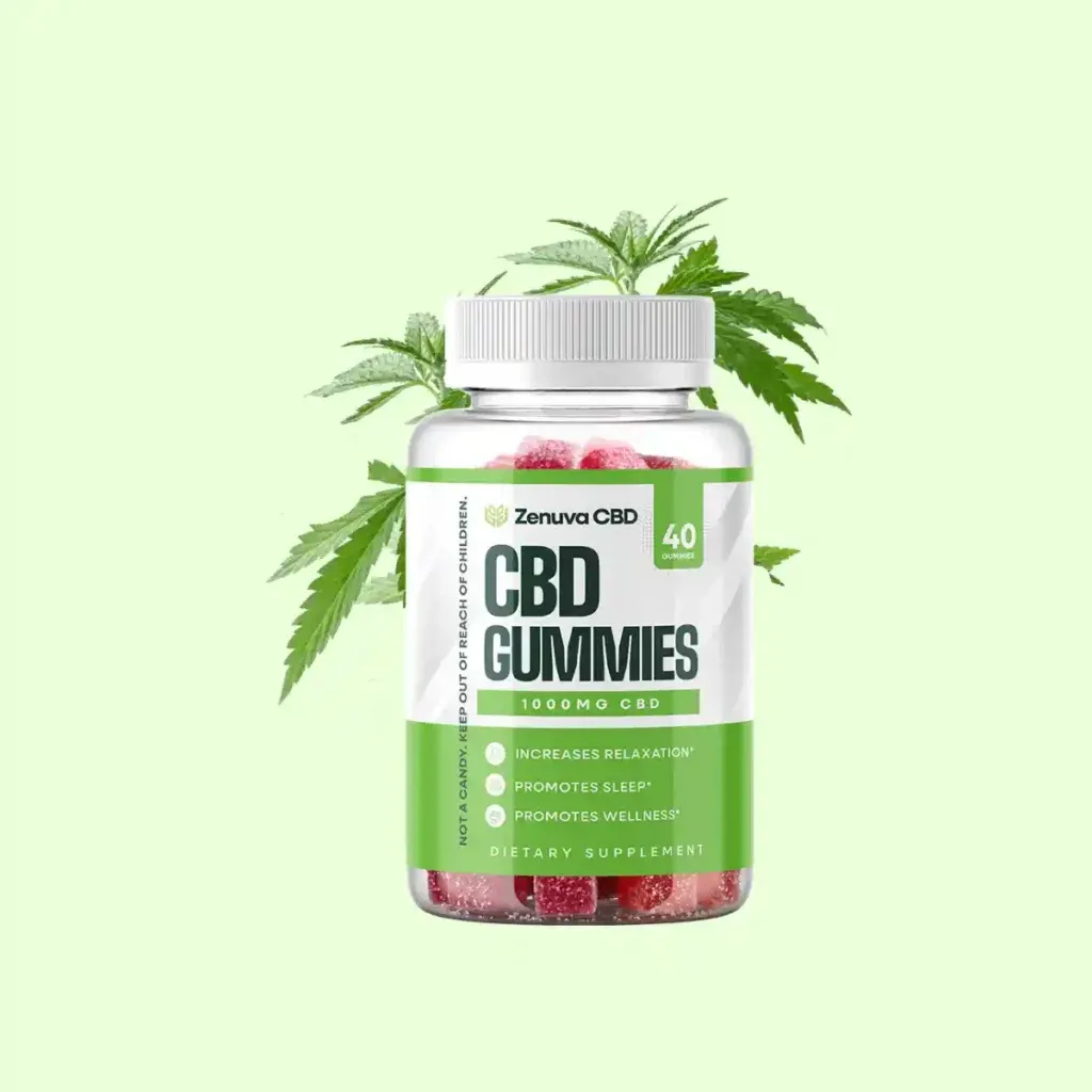Zenuva CBD Gummies bottle surrounded by green leaves