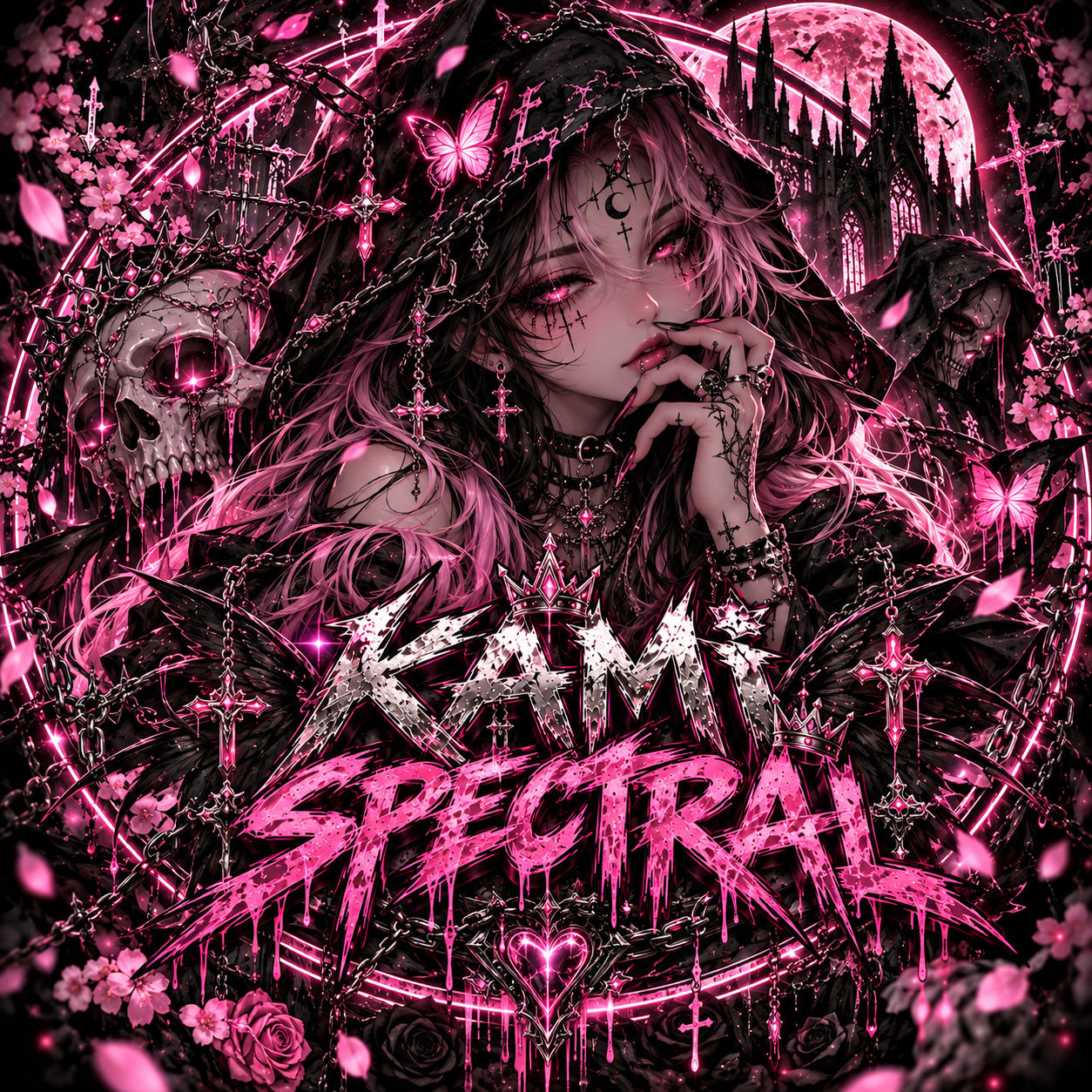 KAMI Spectral: a pink-haired hooded figure framed by butterflies, roses, skulls, and a pink moon.
