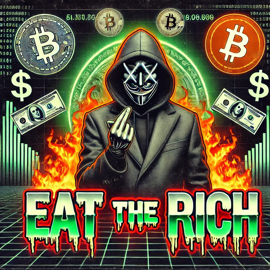 Eat The Rich themed artwork with masked figure and crypto symbols