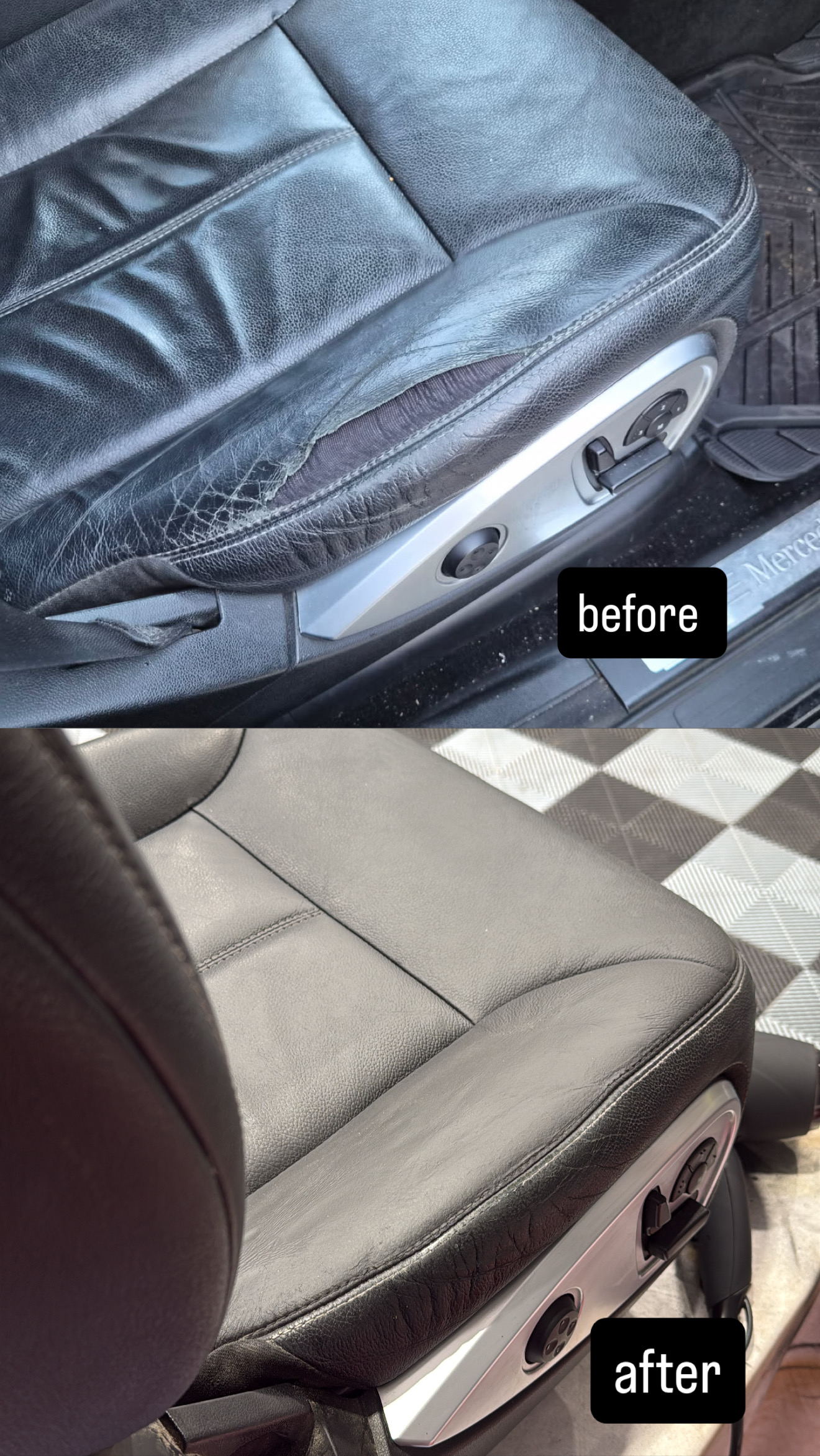 Before and after leather crack repair on car seat showing severe spider-web cracking restored to smooth surface