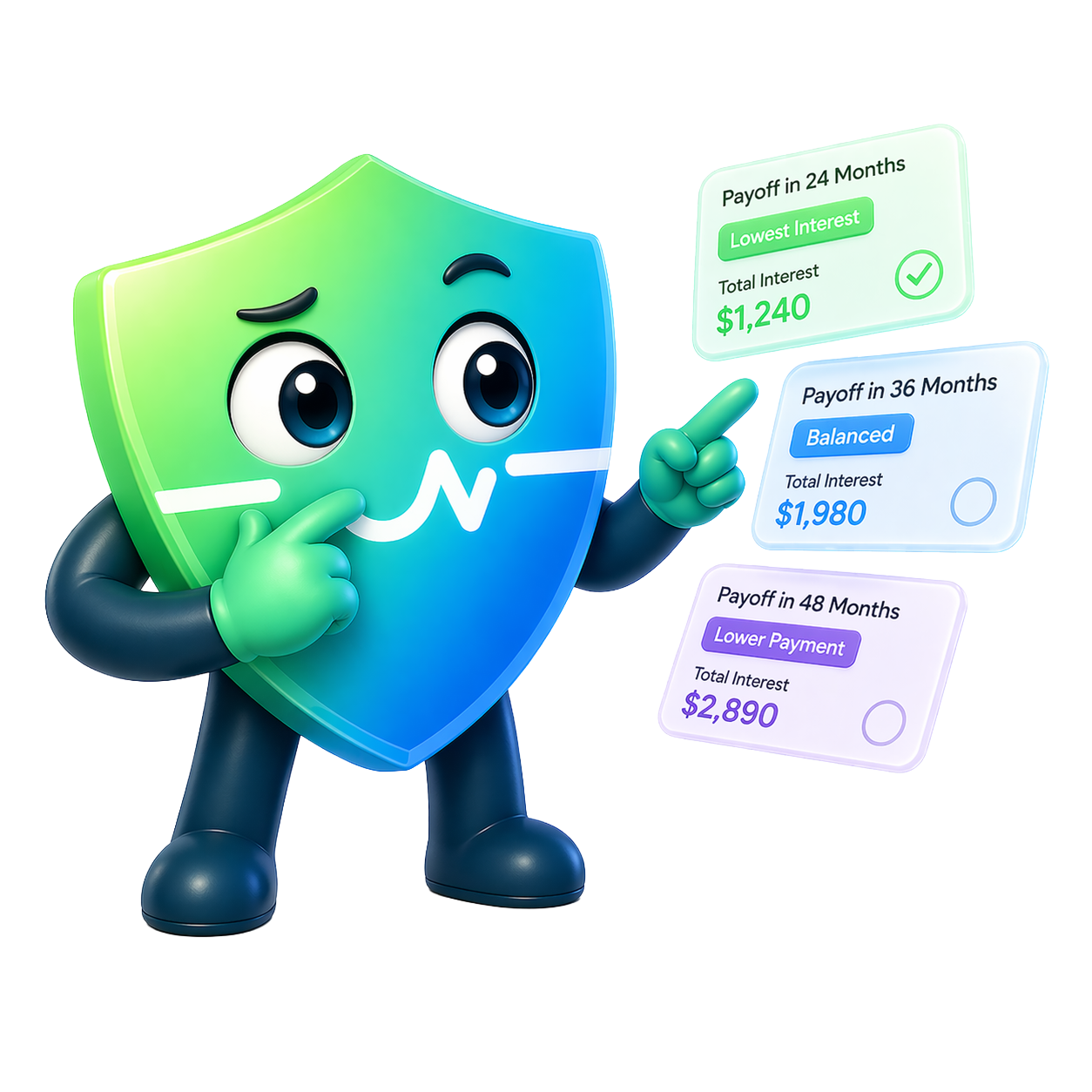 Mint mascot thinking about different payoff plan scenarios