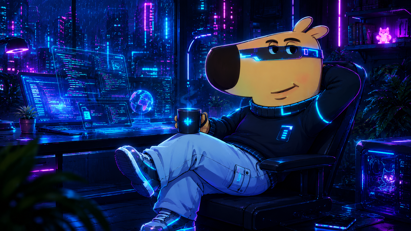 CyberGuy relaxing in a chair with coffee, surrounded by glowing monitors in a neon-lit cyberpunk city apartment
