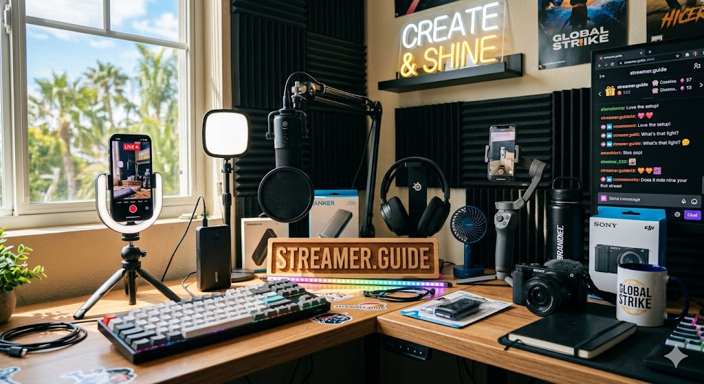 Streaming desk setup with microphone, camera, keyboard, ring light, and Streamer.Guide branded wooden sign