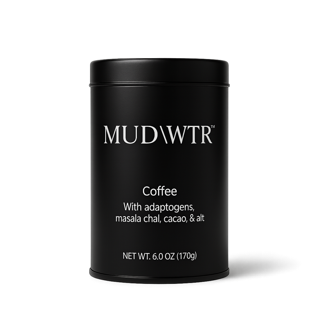 MUD WTR matte black coffee tin with serif logo rendered with quiet rim light