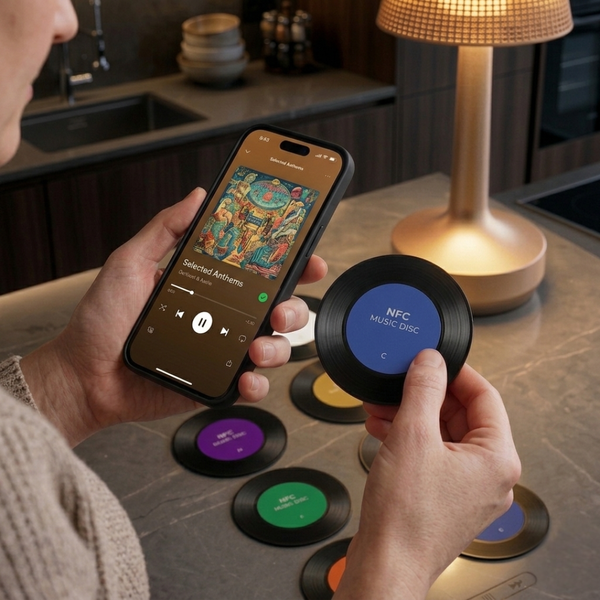 Wavox NFC Music Disc with smartphone showing Spotify
