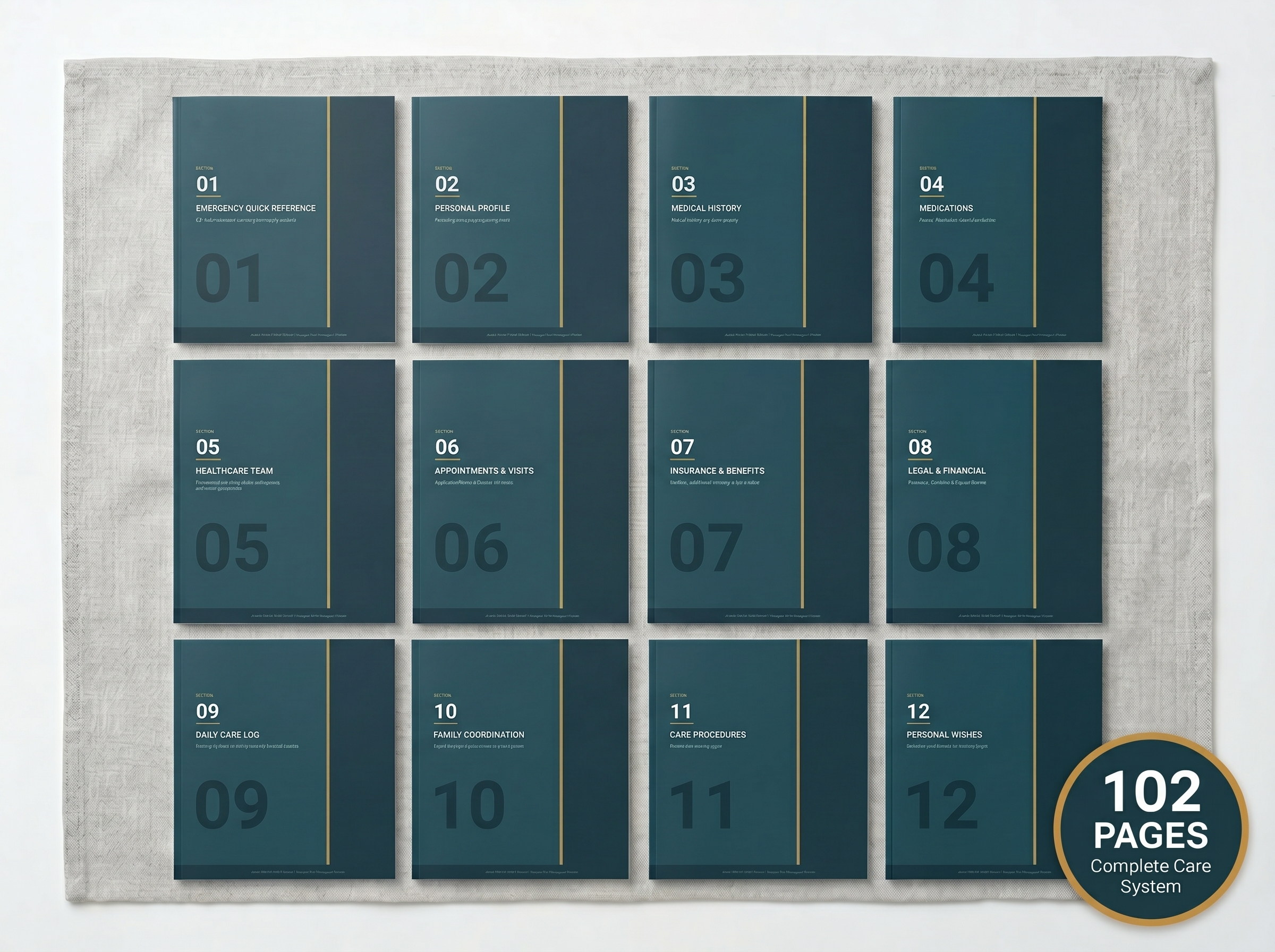 All 12 sections of the Aging Parent Care Binder displayed in a grid showing the complete 102-page system