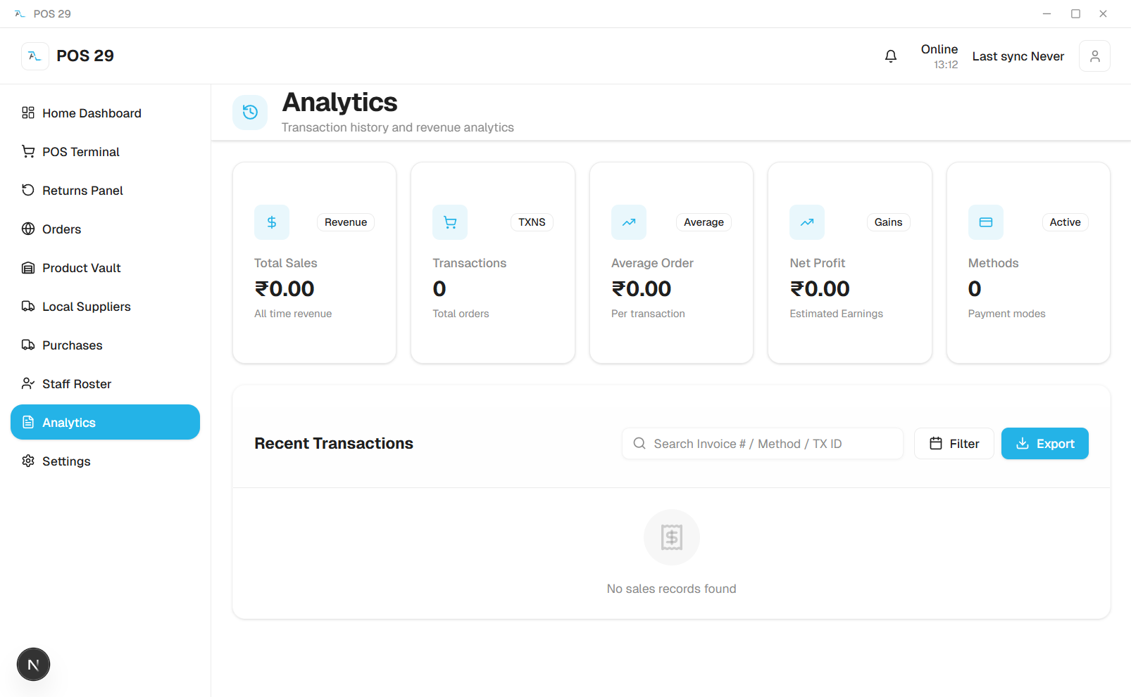 Analytics screen showing revenue, transactions, average order, net profit and payment methods cards
