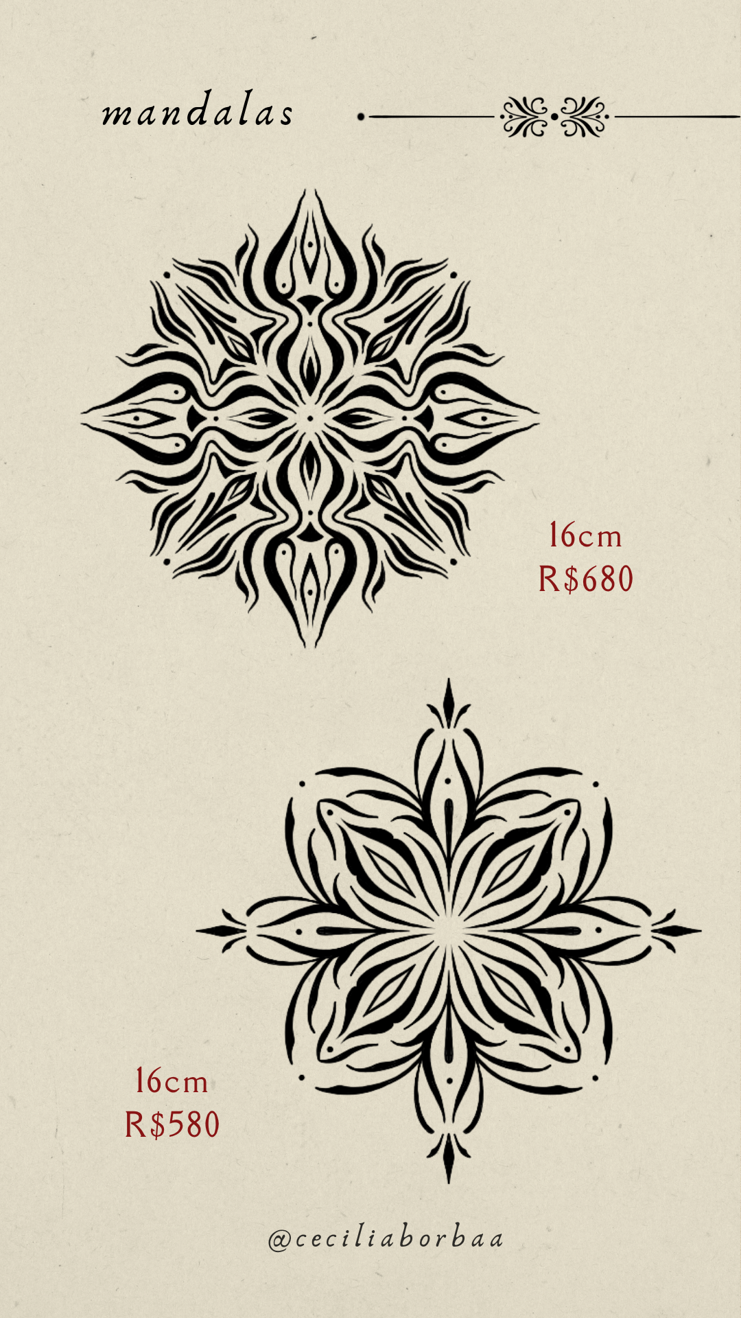 Duas mandalas com padrão ornamental floral — Mandalas por Cecília Borba