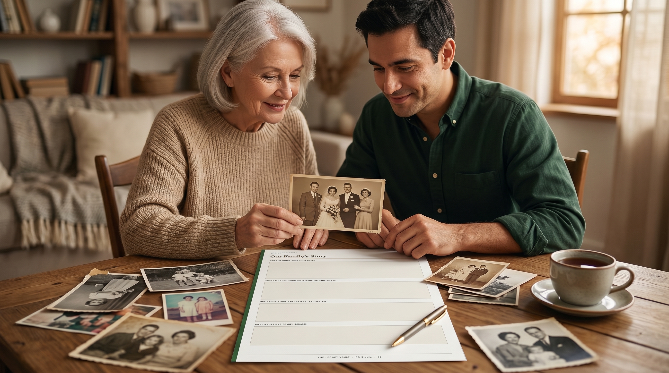 Mother and son looking at family photos together